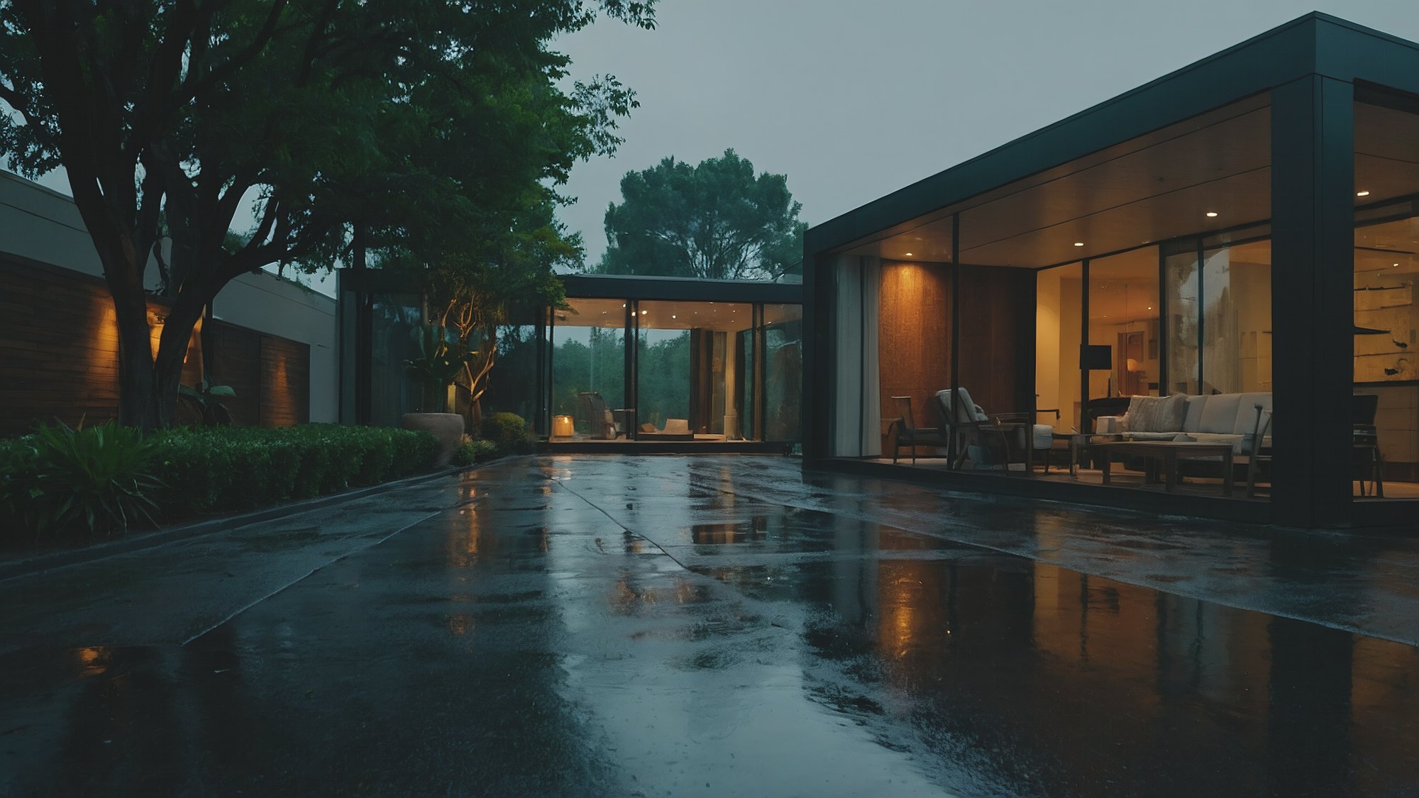 A modern house at dusk
